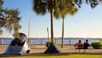 A park with a sculpture, palm trees, a bench, and a waterfront.
