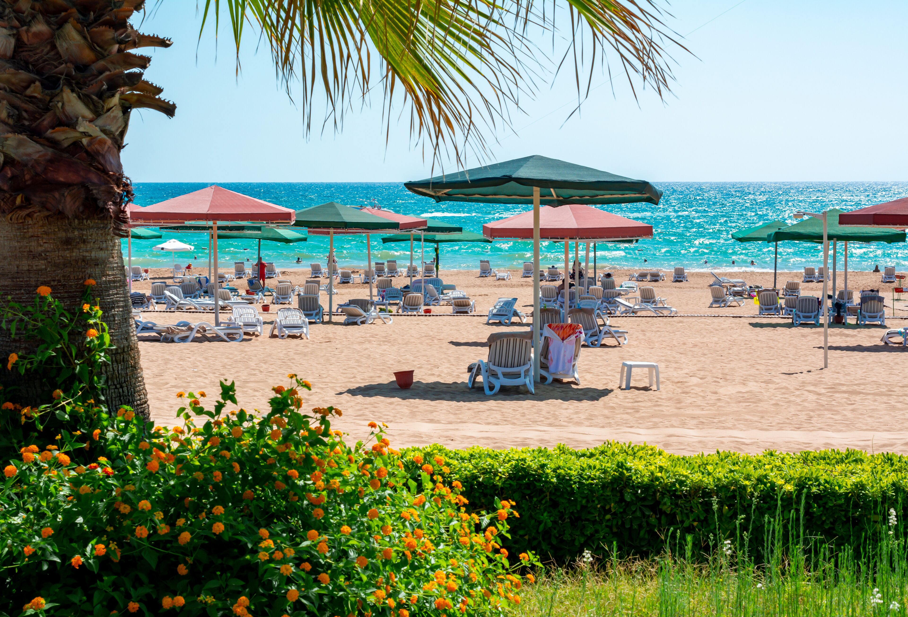 Sunbeds and umbrellas on a beach in south Turkey