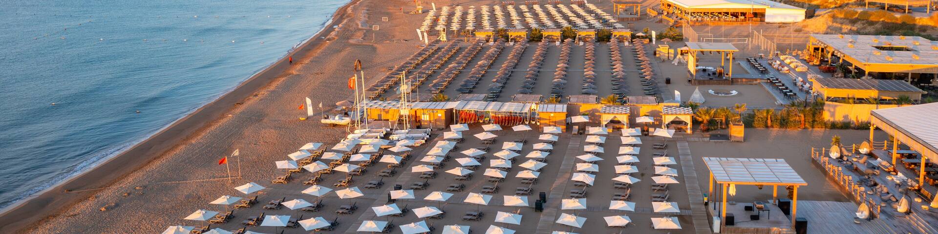 Gündoğdu holiday tourist region. Summer vacation on beach, Hotels sea, beach, coast, water sports and sun. Drone Aerial view. Mediterranean, Manavgat - Alanya - TURKEY