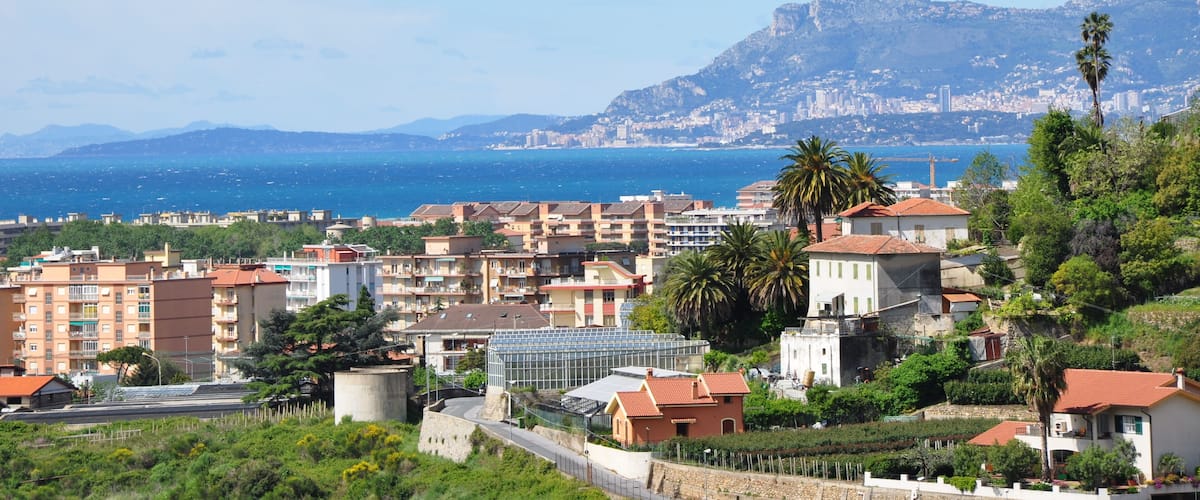 A coastal town with buildings, palm trees, and a mountain in the background.