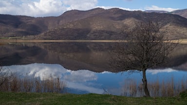 A calm lake with a clear reflection of the sky and mountains.