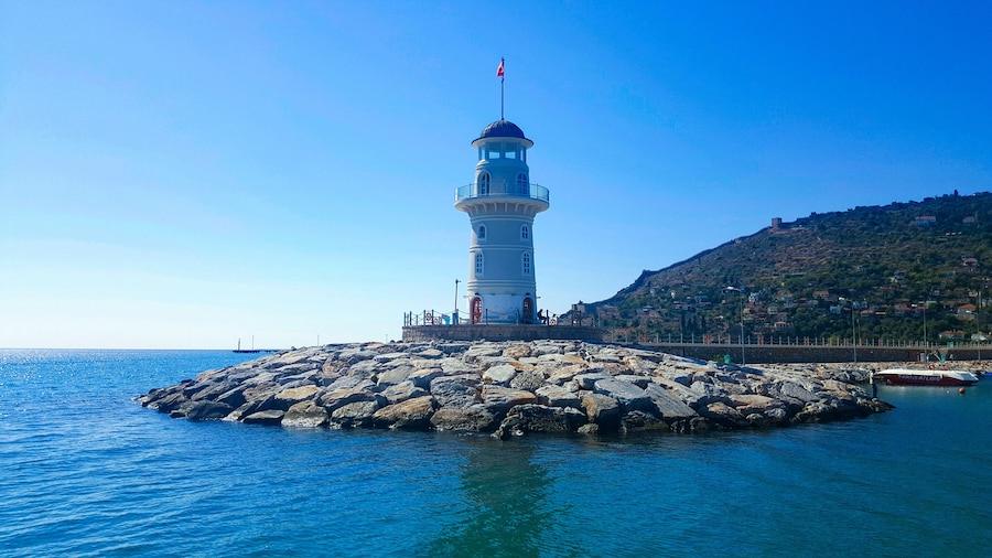 Lighthouse in the port of Alanya. Sea view of the lighthouse in Alanya Turkey.