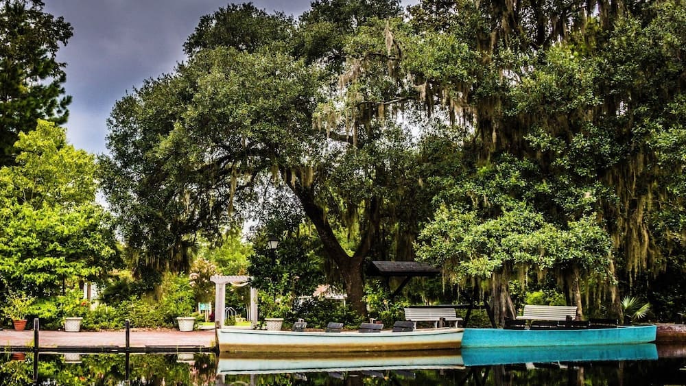 Un lac paisible, avec un bateau amarré sur la rive, entouré d’une végétation luxuriante et de grands arbres couverts de mousse pendant.
