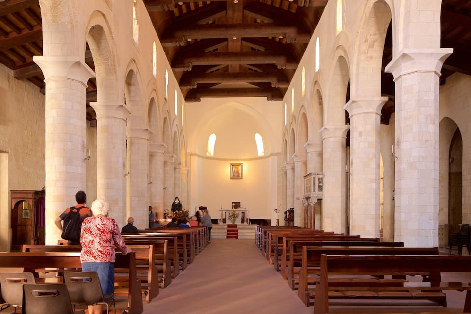 A church interior with arched ceilings, wooden pews, and a central aisle leading to an altar.