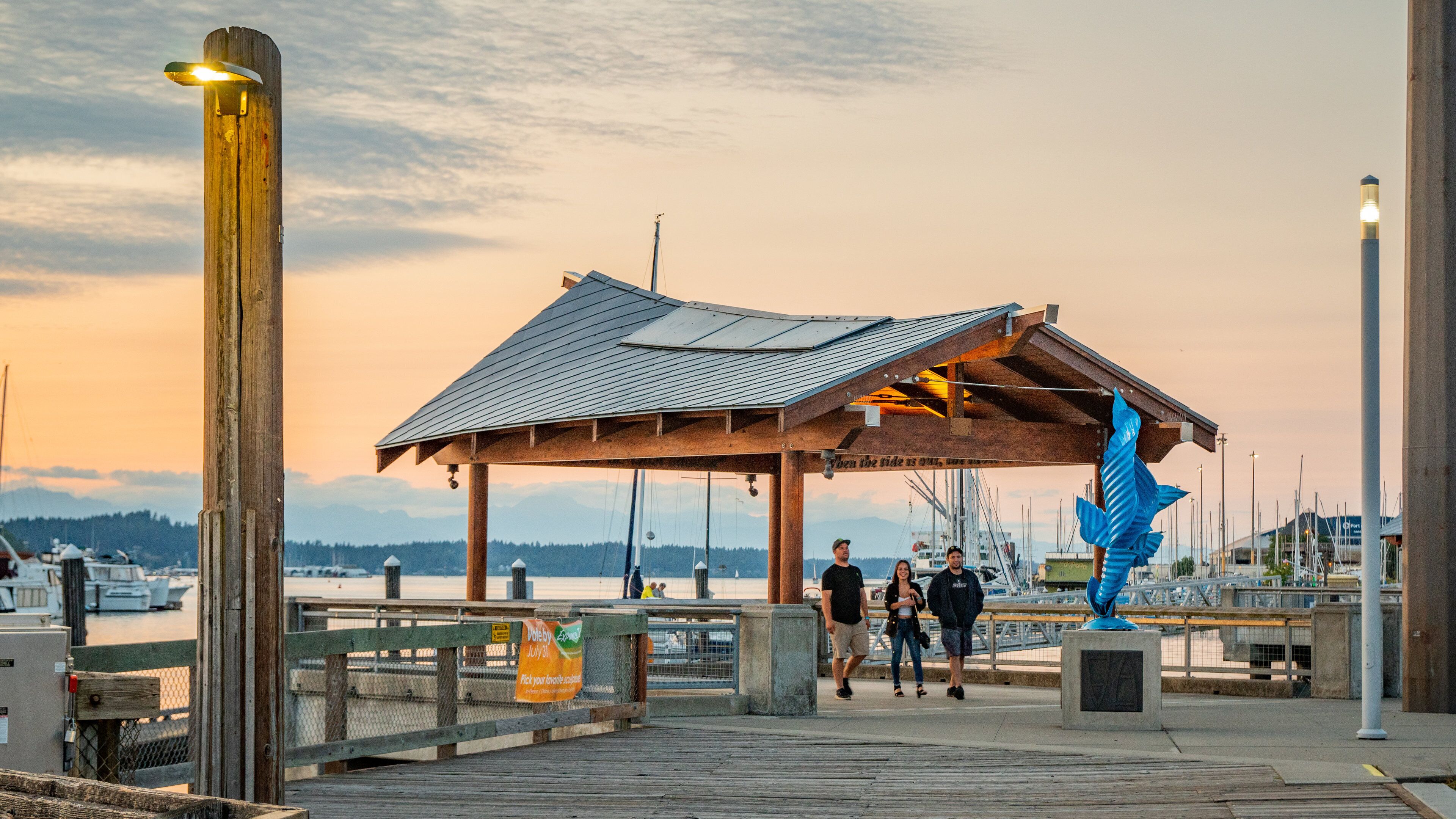 Percival Landing featuring a sunset and a bay or harbor as well as a small group of people