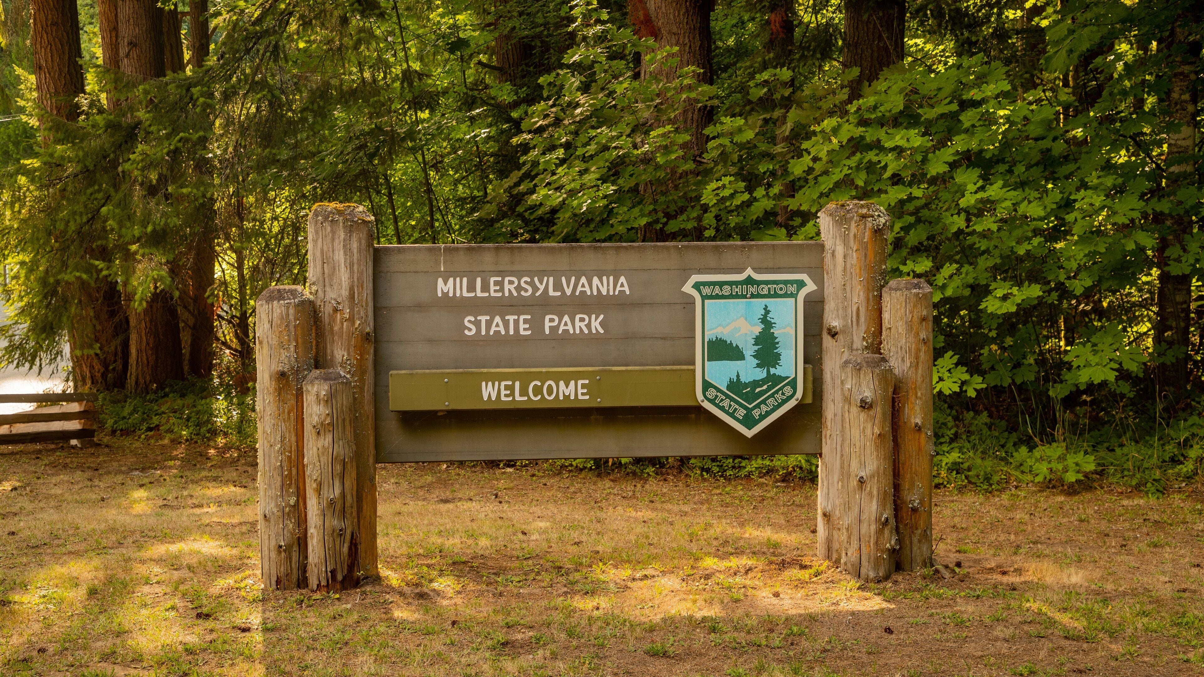 Un senyal de fusta amb el text "Millersylvania State Park" i "Benvinguts" en una zona boscosa.