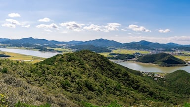 Panoramic view of the valleys of Gimpo, South Korea and the Imjingang River from the top of Munsunsan Mountain.
