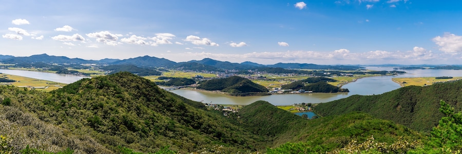 Panoramic view of the valleys of Gimpo, South Korea and the Imjingang River from the top of Munsunsan Mountain.