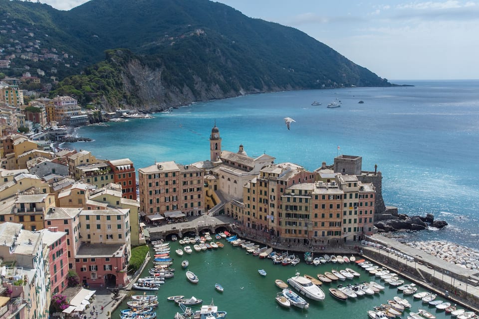 A coastal town with colorful buildings, a marina, and boats.