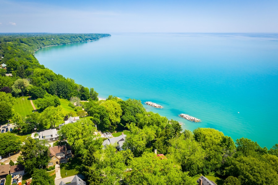 Aerial view of Klode Park in Whitefish Bay Wisconsin looking north. Featuring Lake Michigan Shoreline