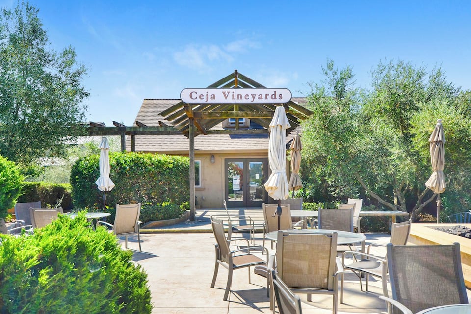 An outdoor seating area with tables and chairs, a sign reading "Ceja Vineyards," and a building with a tiled roof.