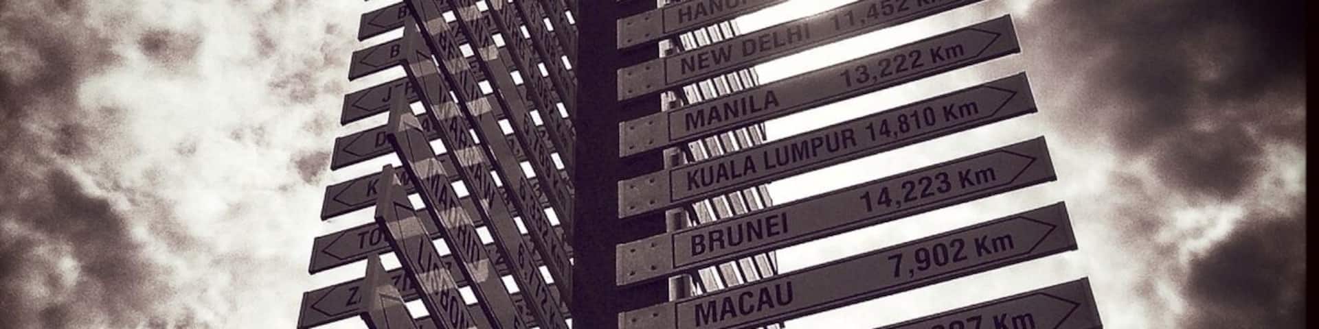 Cool sign pointing to major cities in different countries