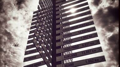 Cool sign pointing to major cities in different countries