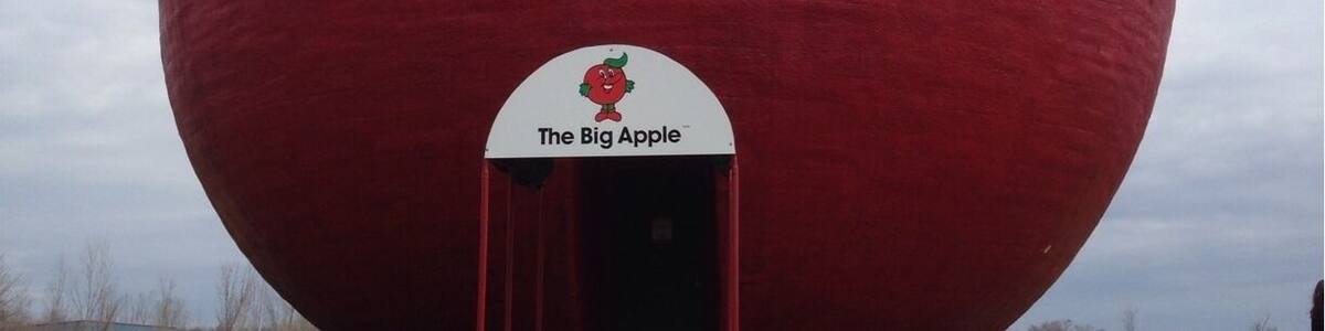 Best apple pie ever!!! Everything to do with apples.
A tourist with the Big Apple
The Big Apple is a bakery, restaurant and roadside attraction in the community of Colborne, part of the municipality of Cramahe, Northumberland County in Central Ontario, Canada. It just off Ontario Highway 401 at interchange 497 (Northumberland County Road 25/Percy Street) and is recognizable from the highway because of what it claims is the world's largest apple.
With a height of 10.7 metres (35 ft) and diameter of 11.6 metres (38 ft), the Big Apple features an observation deck.
The site also features a petting zoo and other amenities.