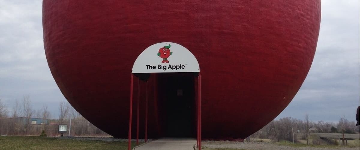 Best apple pie ever!!! Everything to do with apples.
A tourist with the Big Apple
The Big Apple is a bakery, restaurant and roadside attraction in the community of Colborne, part of the municipality of Cramahe, Northumberland County in Central Ontario, Canada. It just off Ontario Highway 401 at interchange 497 (Northumberland County Road 25/Percy Street) and is recognizable from the highway because of what it claims is the world's largest apple.
With a height of 10.7 metres (35 ft) and diameter of 11.6 metres (38 ft), the Big Apple features an observation deck.
The site also features a petting zoo and other amenities.
