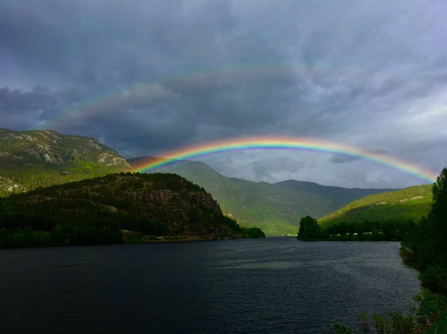 Here’s my absolute favourite photo of a rainbow 🌈
To be honest, the photo was taken so randomly. I was actually in a car, on the way to see fjords. It was snowing and raining; the next moment the sky cleared up and this beauty appeared. I’ve never seen a rainbow that big, that full and that bright. The moment I saw it, I asked to pull over and let me have a look and take a picture (yep, that’s what I am like, taking pics of everything I think is beautiful 😬).
I actually think that this trip to #Norway is probably the best one I’ve experienced so far; the views were breathtaking. Each and every single moment of the time spent there was so special and memorable. I loved the clean air and roads there, I loved the nature, the grass that despite all the cold looked incredibly bright, fresh and juicy (animals’ heaven, really), the sky, the #fjords, the waterfalls.
I advise visiting the country for more than 100% because you’ll never regret going there and will remember it forever. Just wrap up warm, get comfy boots (several pairs, if possible, because you’ll get wet to the skin), some friends or family members who can drive (if you cannot yourself) and you’re good to go!
What’ was your favourite trip yet?