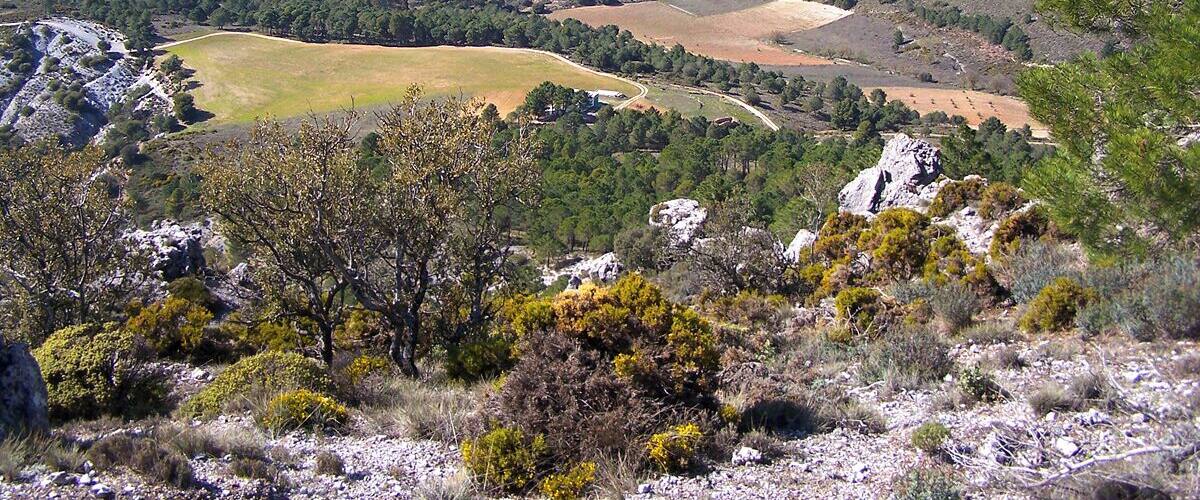 A mountainous landscape with a valley, a winding road, and scattered buildings.