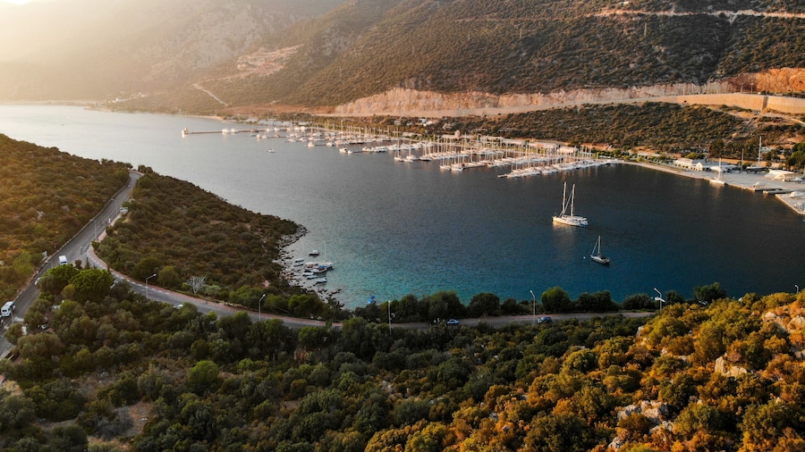 Aerial Drone View of Kas is small fishing, diving, yachting and tourist town in district of Antalya Province, Turkey.