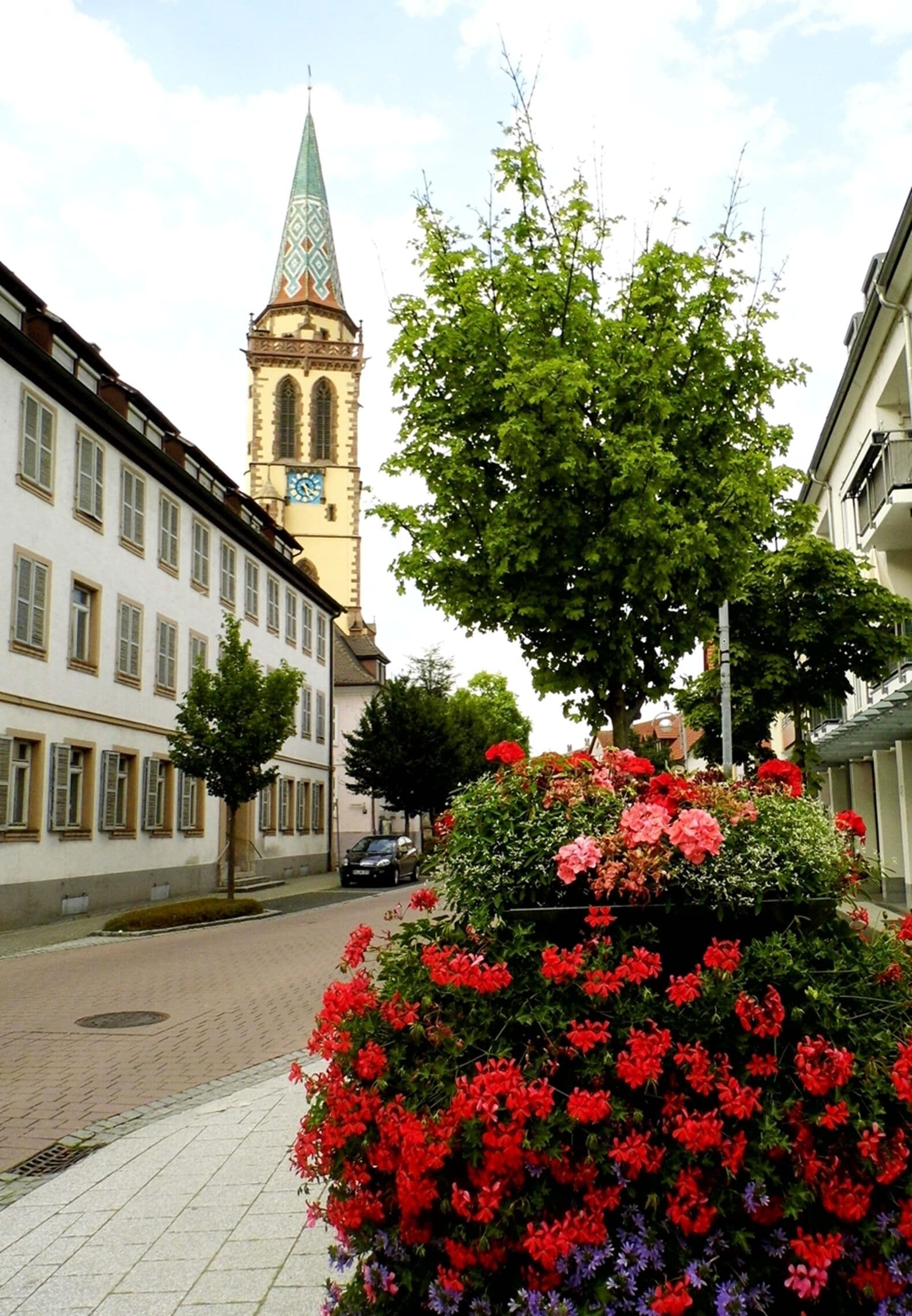 A street with a clock tower, flower beds, and buildings.