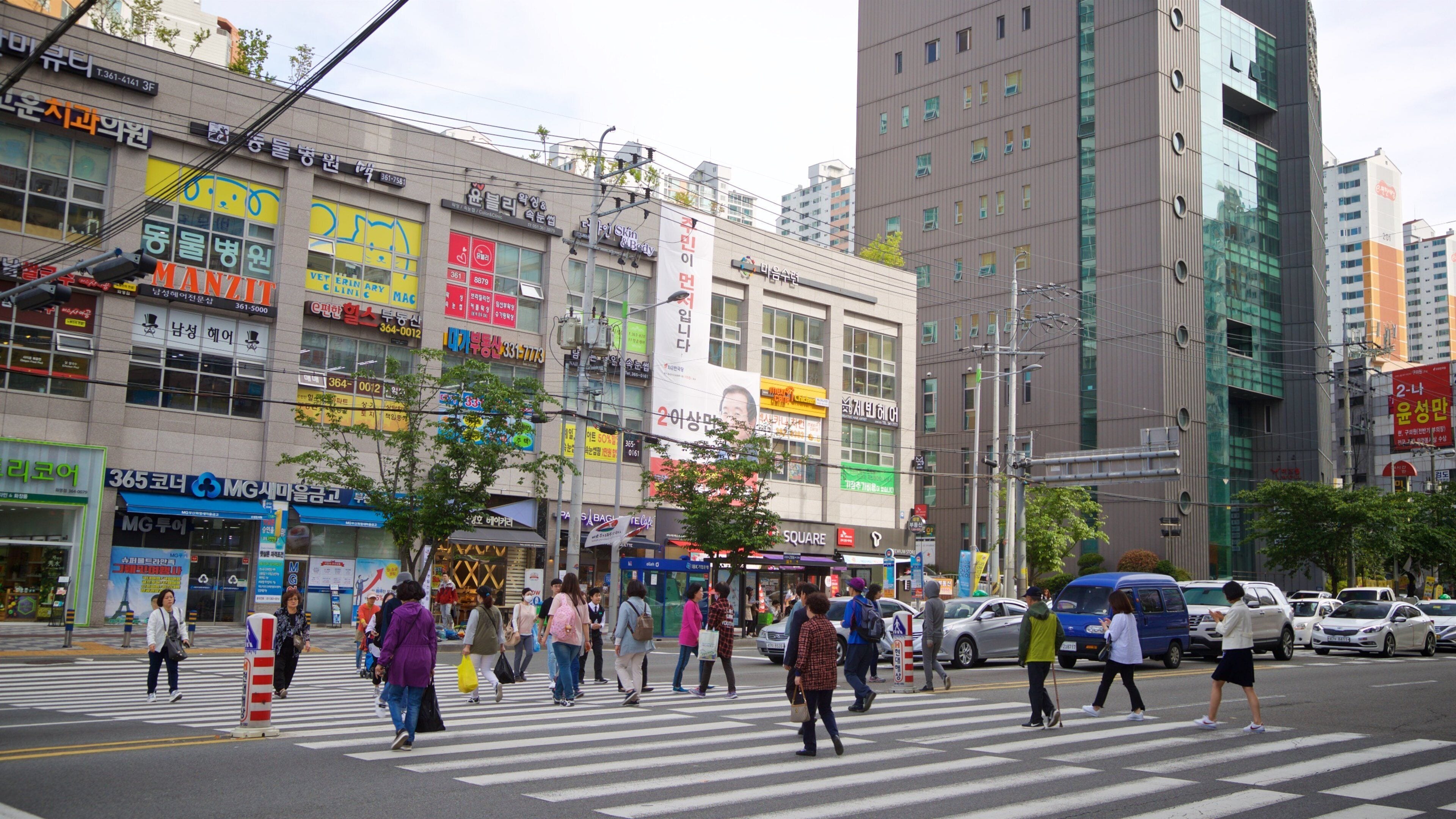 Hwamyeong featuring street scenes and a city as well as a small group of people