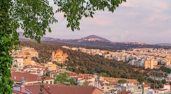Panoramic View during sunset from old city wall with Saint Paul church Ano Poli Thessaloniki in Central Macedonia in Greece