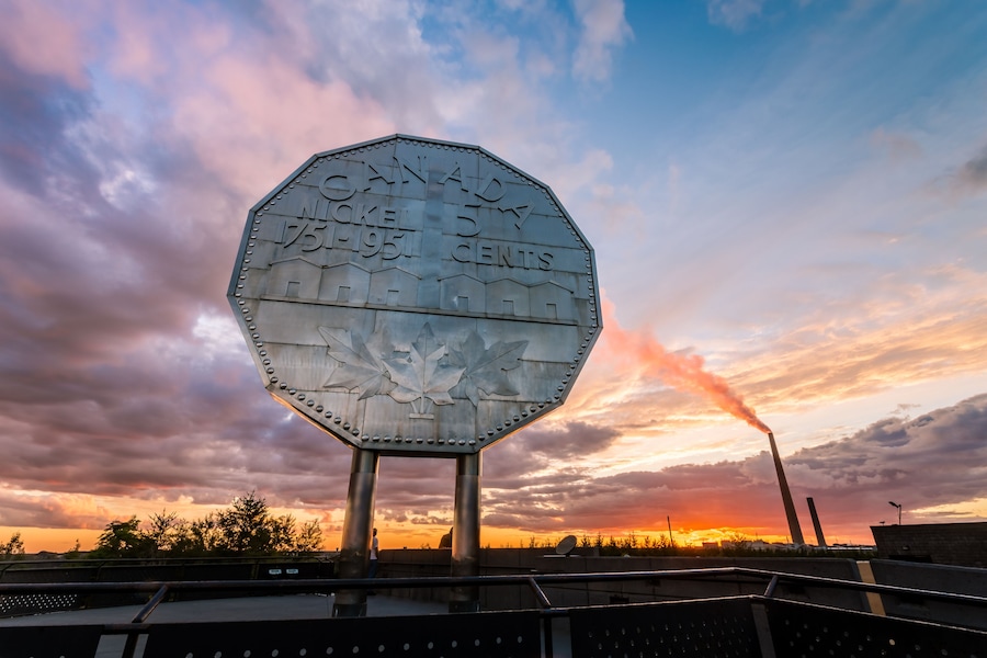 Big Nickel landmark in Sudbury, Ontario, Canada during sunset