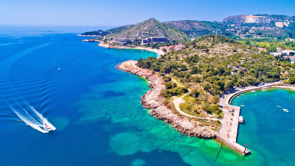 Aerial view of Dubrovnik emerald coastline in Srebreno