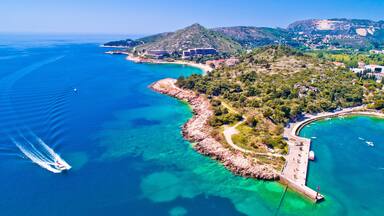 Aerial view of Dubrovnik emerald coastline in Srebreno
