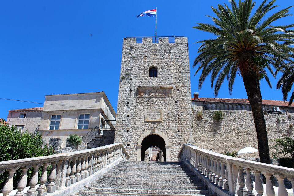A stone tower with a flag, a staircase leading up to it, and a palm tree.
