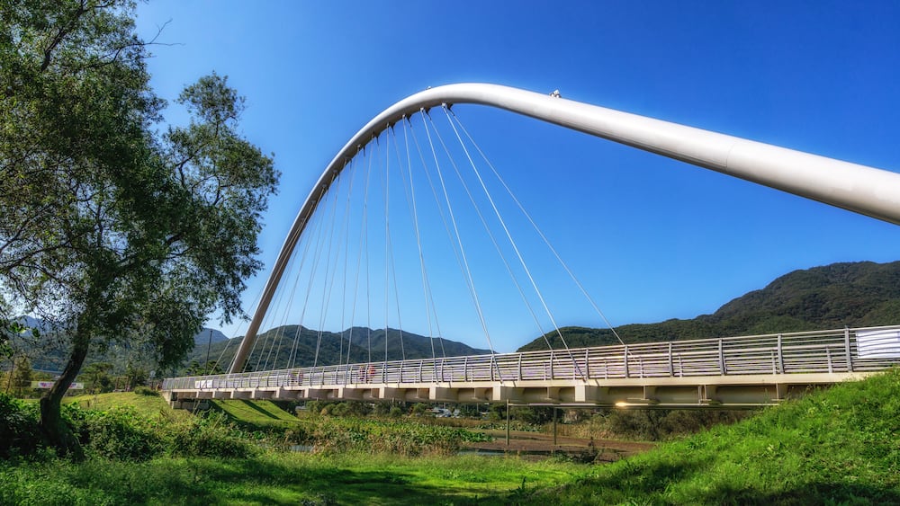 the view of the main bridge leading to the namyangju garden of water park. Famous park near bukhangang river in South Korea.