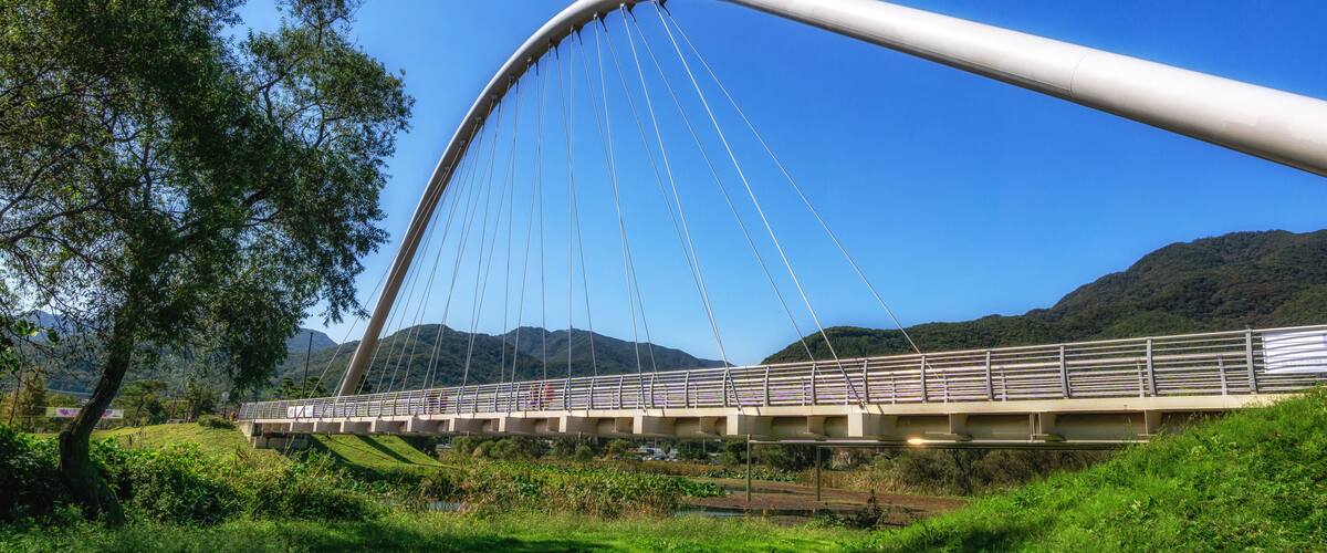the view of the main bridge leading to the namyangju garden of water park. Famous park near bukhangang river in South Korea.