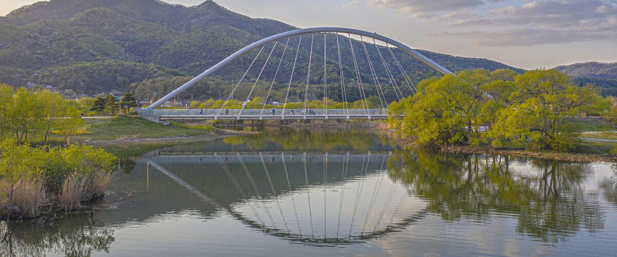 A large cable-stayed bridge over a calm river, surrounded by lush green hills and trees.