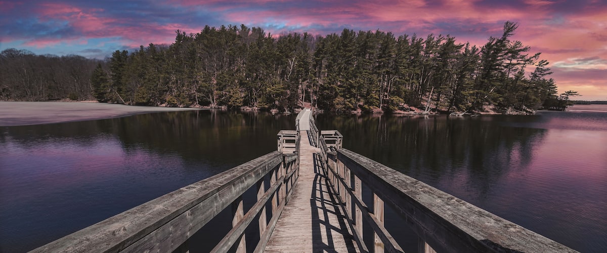 A wooden pier extending into calm waters, surrounded by dense forest and a colorful sky.