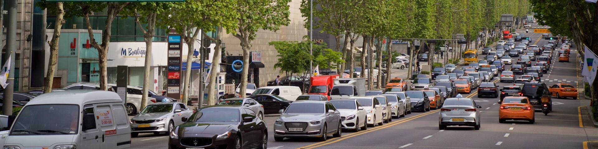 A busy urban street lined with trees and traffic.