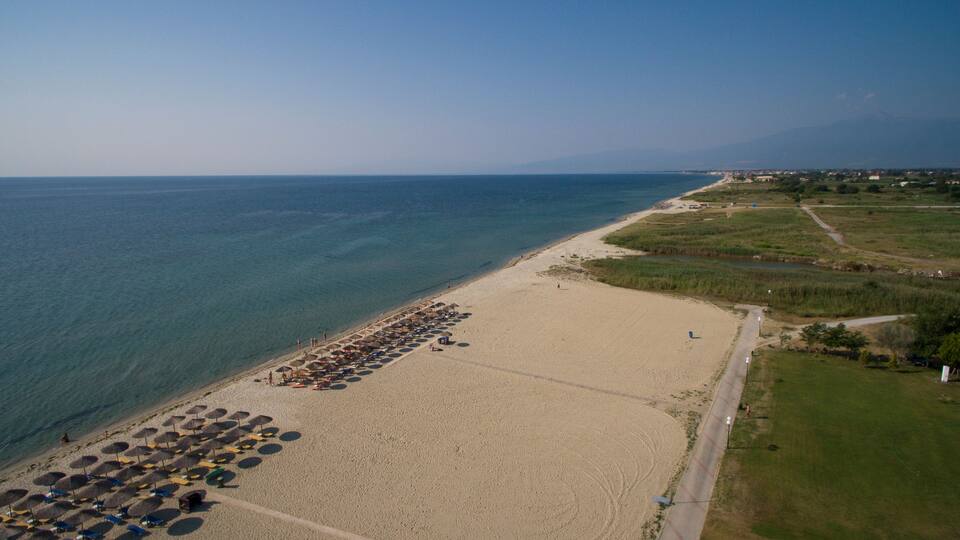 An aerial view of a beach with umbrellas and people.