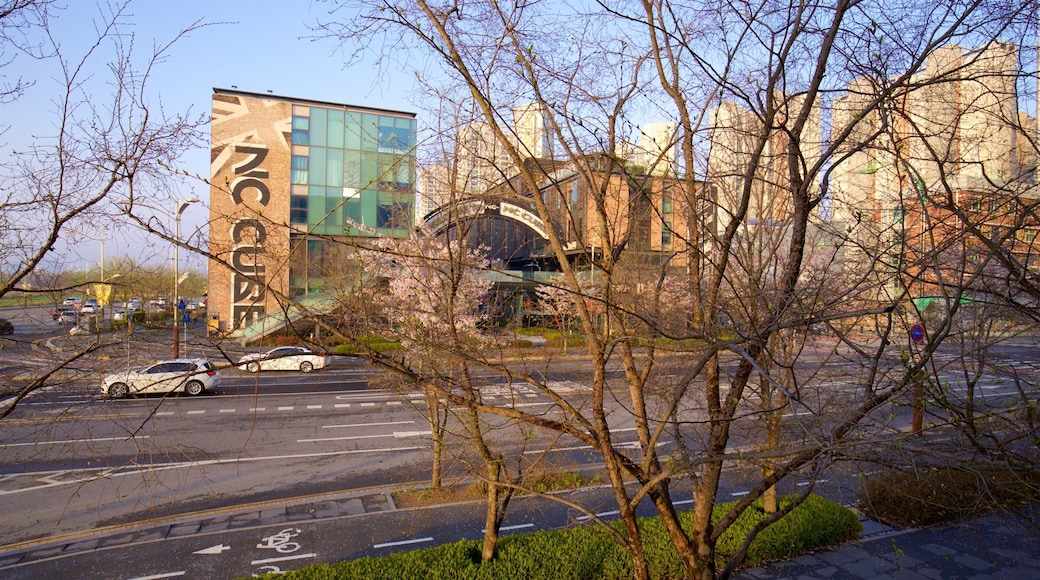 NC Cube Canal Walk featuring a sunset and a city