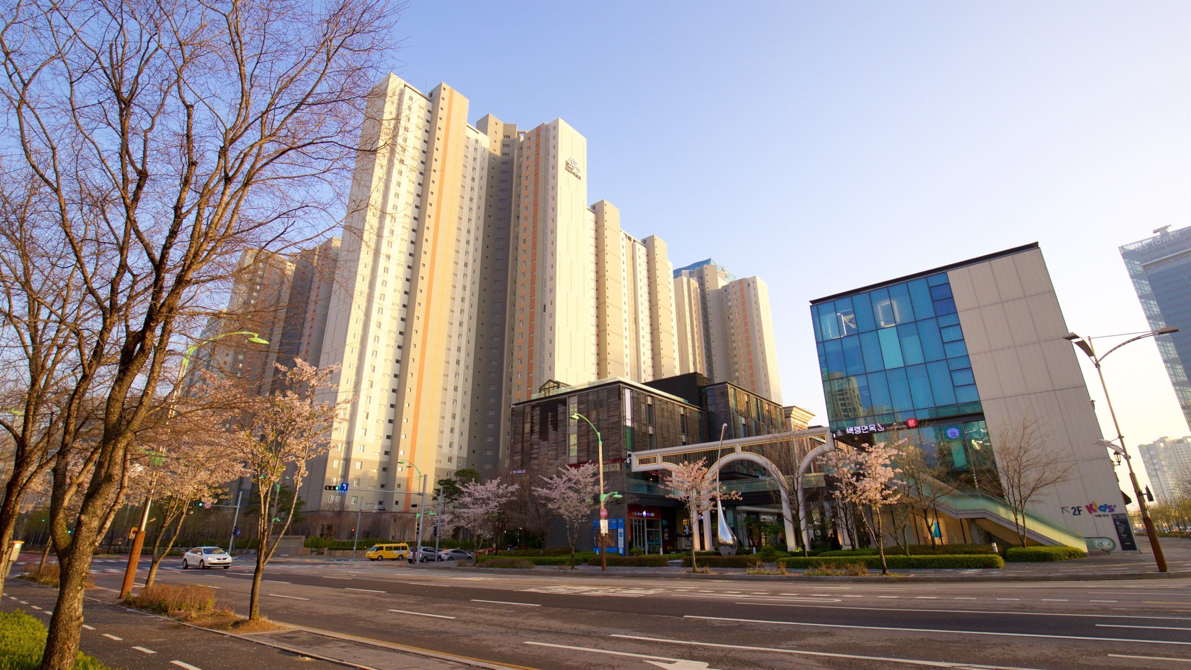 NC Cube Canal Walk que incluye una puesta de sol y una ciudad