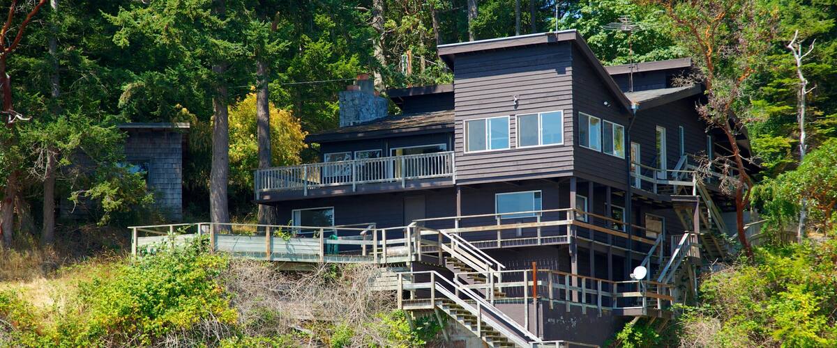 A multi-level wooden cabin surrounded by dense forest.