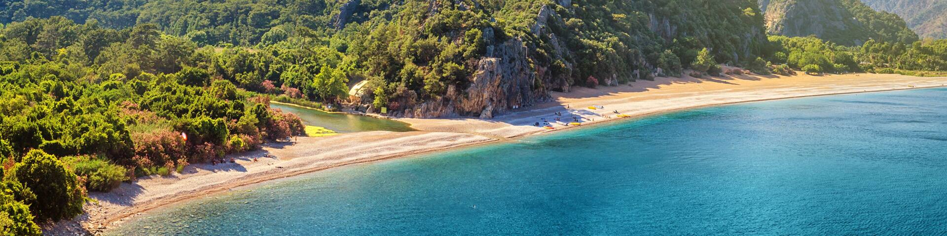 Summer mediterranean coastal landscape - view of the Cirali Olympos Beach, near the Turkish village of Cıralı, Antalya Province in Turkey