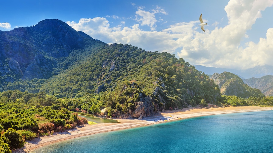Summer mediterranean coastal landscape - view of the Cirali Olympos Beach, near the Turkish village of Cıralı, Antalya Province in Turkey