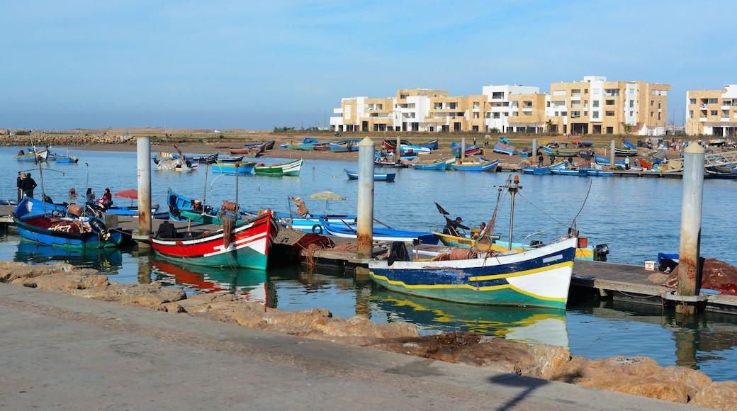 Rabat, Morocco - December 26, 2015: New exclusive apartment buildings at Bouregreg Marina in Rabat. Traditional blue fishing boats in the foreground.
