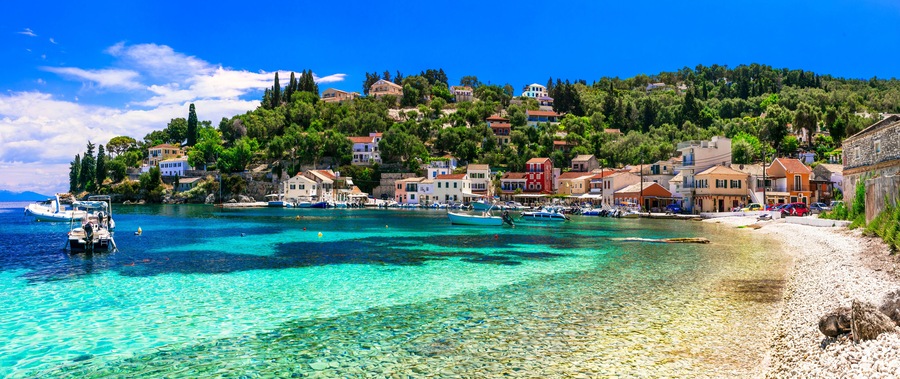 Authentic tranquil Paxos island. Scenic traditional Loggos fishing village. Ionian islands of Greece