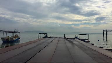 Un muelle de madera se extiende sobre aguas tranquilas, con barcos amarrados a ambos lados.