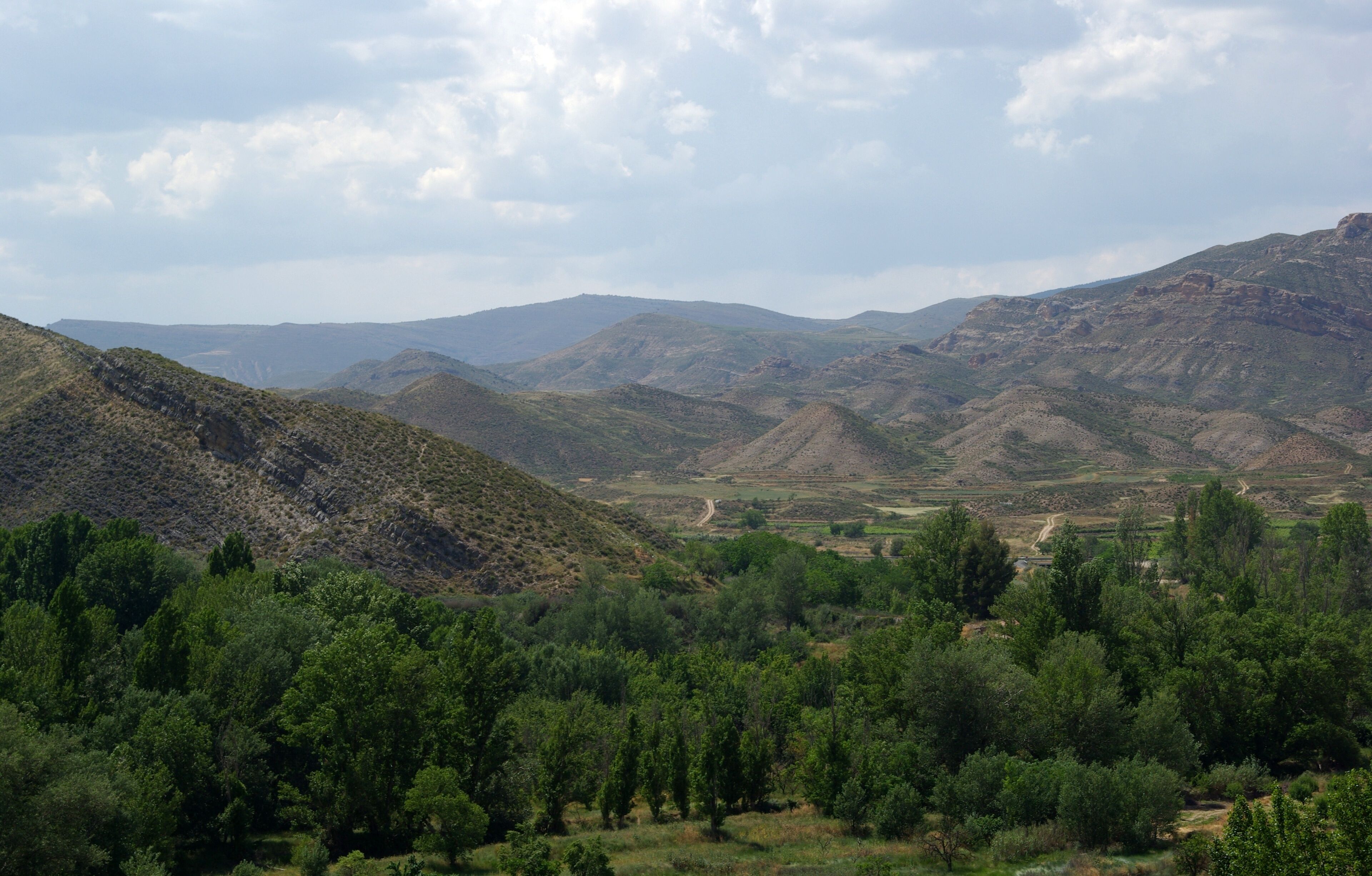 A mountainous landscape with dense green forests and a winding road.