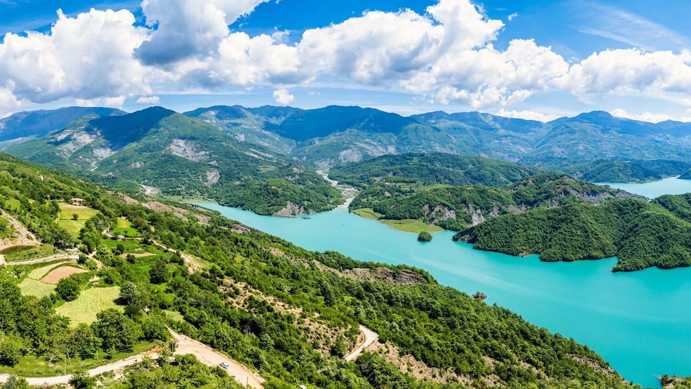 Panorama of Bovilla Lake and Mountains, Bovilla Reservoir, Tirana, Albania, Europe