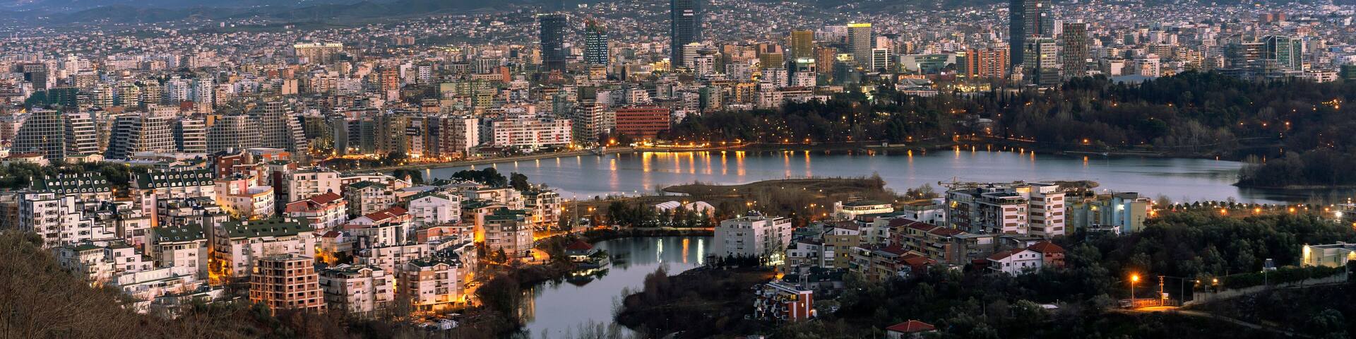 Albania, Tirana city east view, morning before sunrise, winter