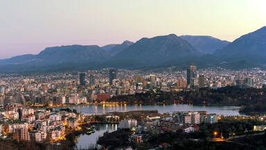Albania, Tirana city east view, morning before sunrise, winter