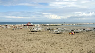 A sandy beach with numerous sun loungers and a lifeguard tower.