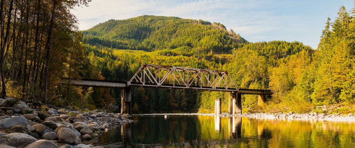 A steel bridge over a calm river surrounded by dense forest and a mountain in the background.