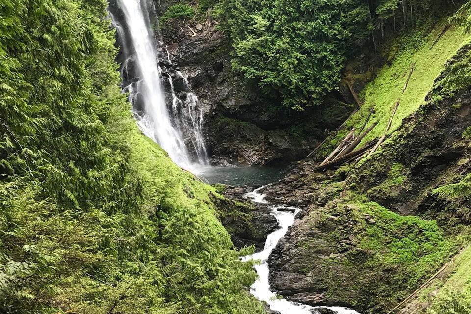 Uma cascata despenca por um vale verdejante e exuberante, rodeado por floresta densa.